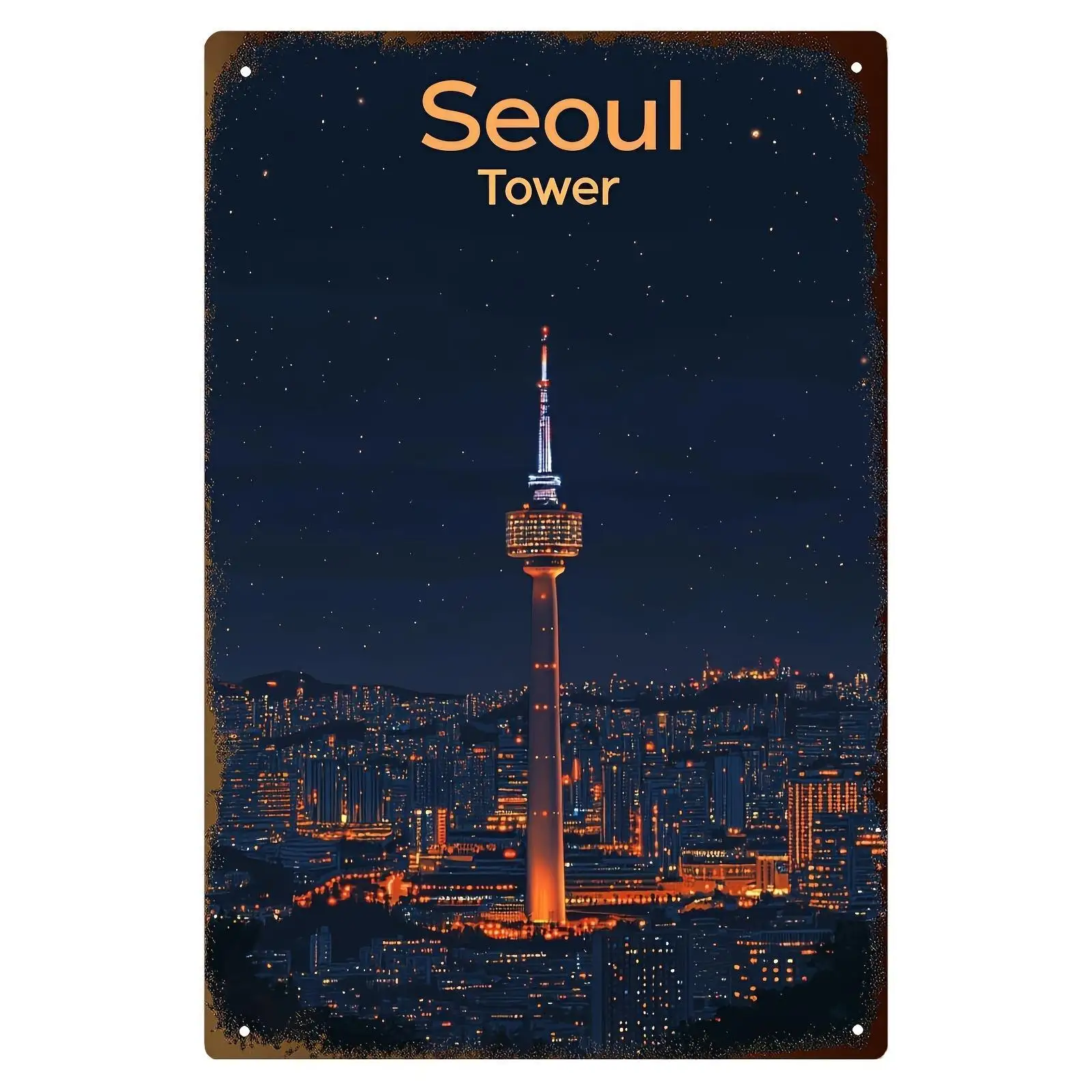 Decorative Signs& Plaques Metal Artwork,  Frameless Tin Painting, Vintage Seoul Landscape Iron Art - Retro Architectural Wall A
