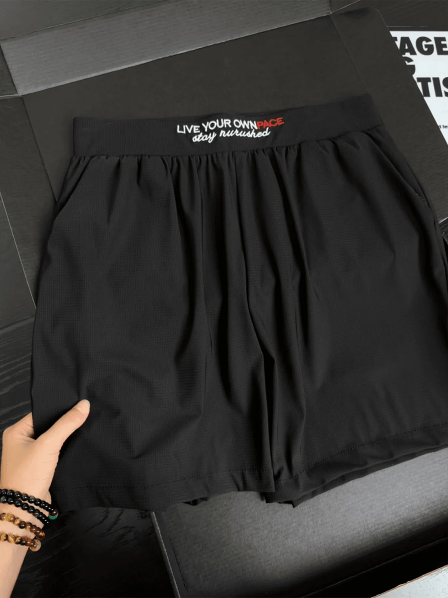 Black Quick Dry Sports Shorts Men's Summer Cool Feeling Embroidery Running Pants American Fitness Training Four Five Shorts
