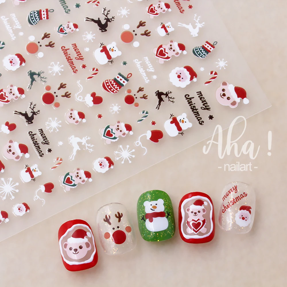 1 Uds. Pegatinas 3D de Navidad para uñas, diseño bonito y feliz, muñeco de nieve, árbol de Papá Noel, pegatinas para uñas, accesorios deslizantes para manicura de gato de dibujos animados