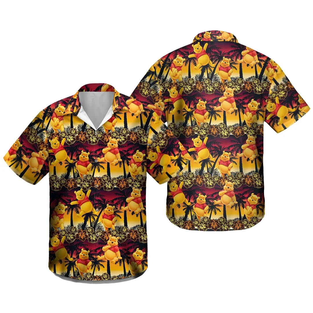 Winnie The Pooh kemeja Hawai pria, kemeja lengan pendek kartun Disney Hawaii, kemeja pantai kasual lengan pendek kancing Retro untuk pria