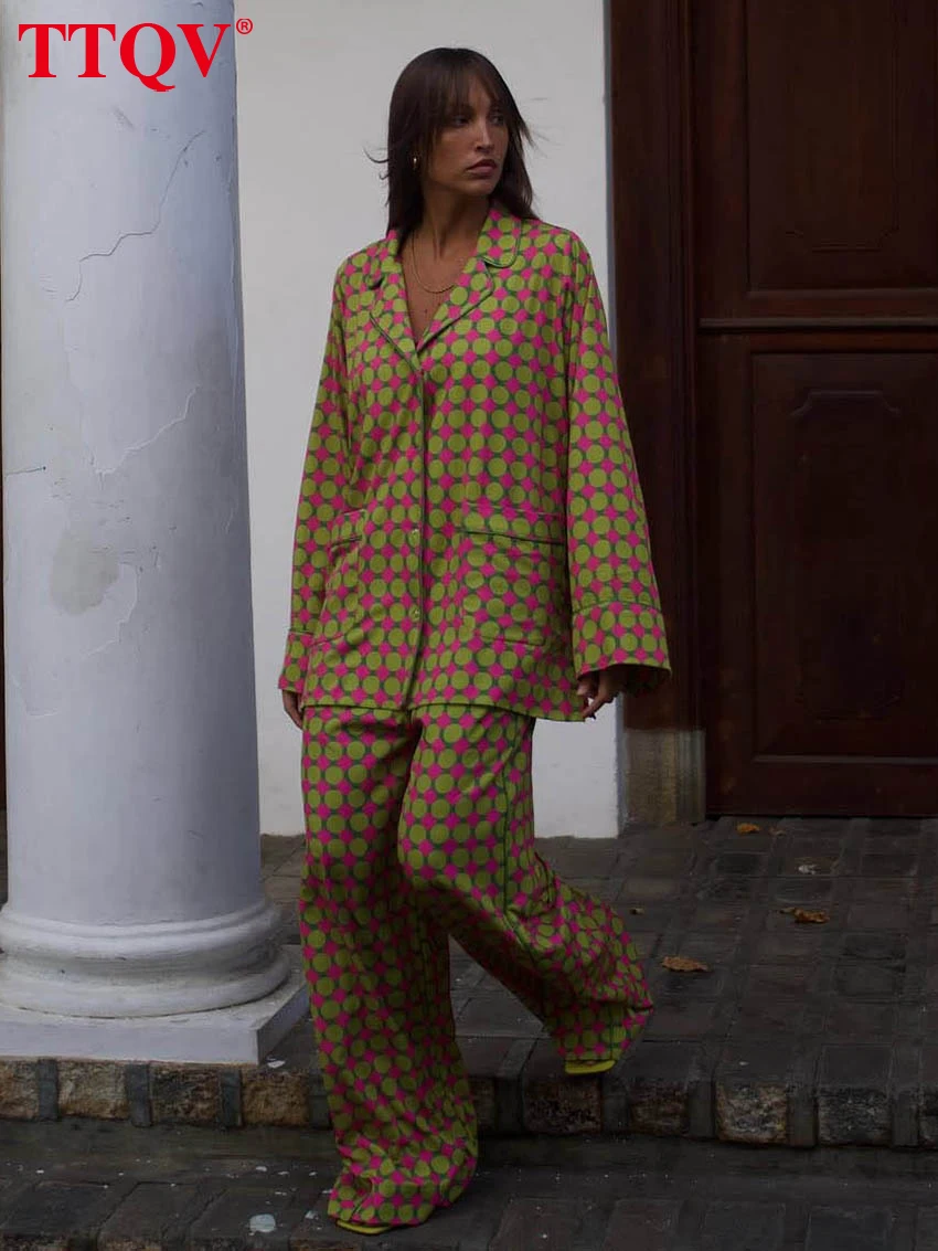 

TTQV Fashion Loose Print Trousers Set 2 Piece Woman Elegant Long Sleeve Shirt With High Waist Wide Pants Set Female Streetwear
