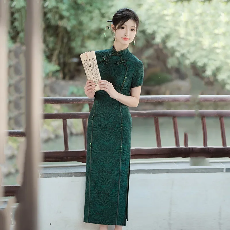 

Зеленое женское винтажное платье Cheongsam, платья ручной работы на пуговицах с цветочным принтом, китайский стиль, лето-осень, длинное Ципао от M до 4XL