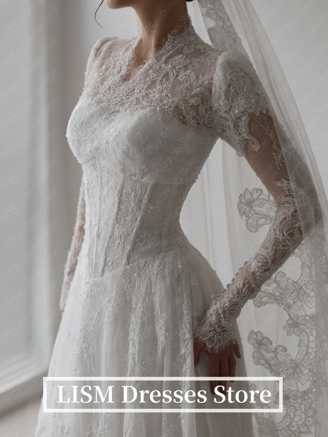 Lism luxo feminino vestidos de casamento alta pescoço mangas completas renda de seda elegante vestido de noiva personalizado a linha vestido de noiva 2026