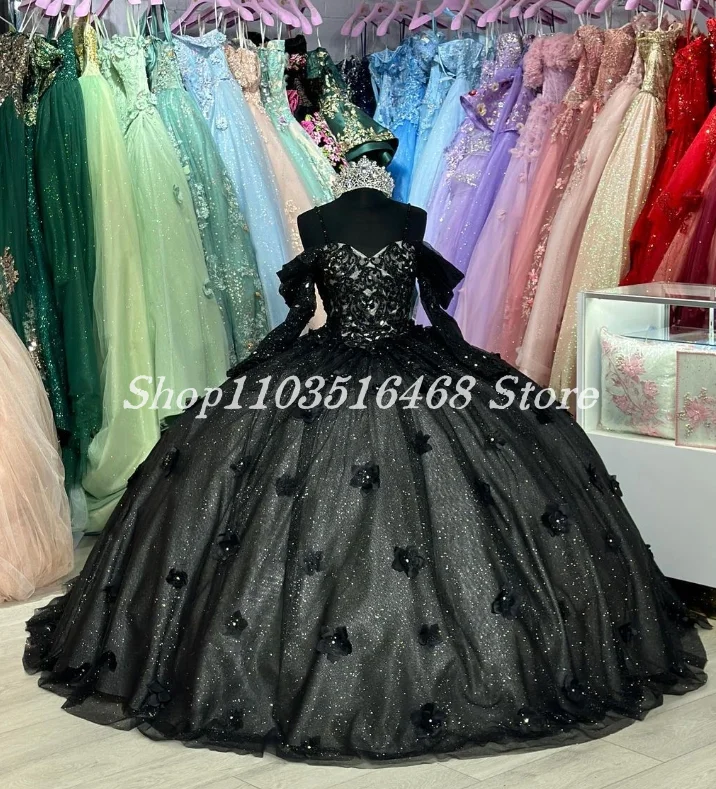 Funkelnde schwarze 15 Quince anera Prinzessin Langarm eingelegte Pailletten Kristall Perlen Perlen Vestidos de 15 Años Quinceañeras 2024