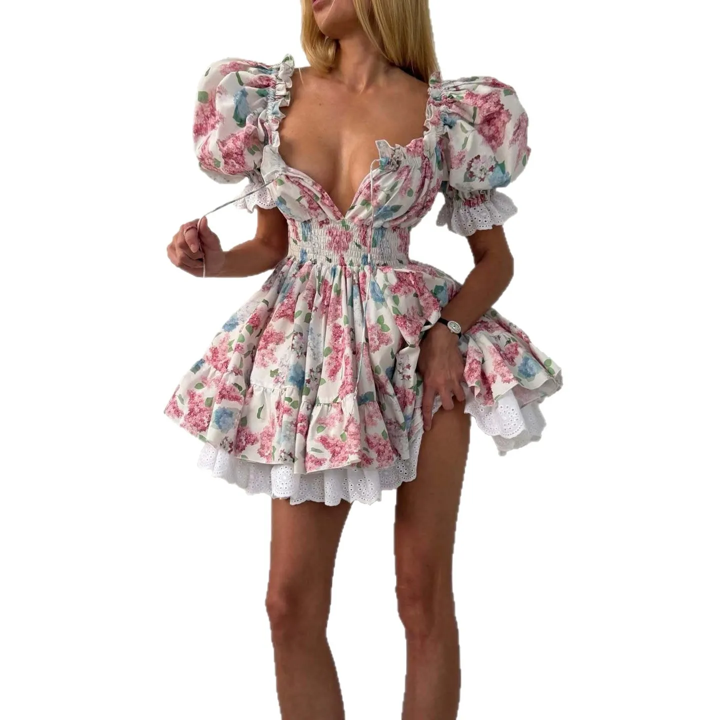 Fashion Floral Lace Trim Corset Dress, Square Neck Tie Waist Bodycon Dresses Spring Summer view 5