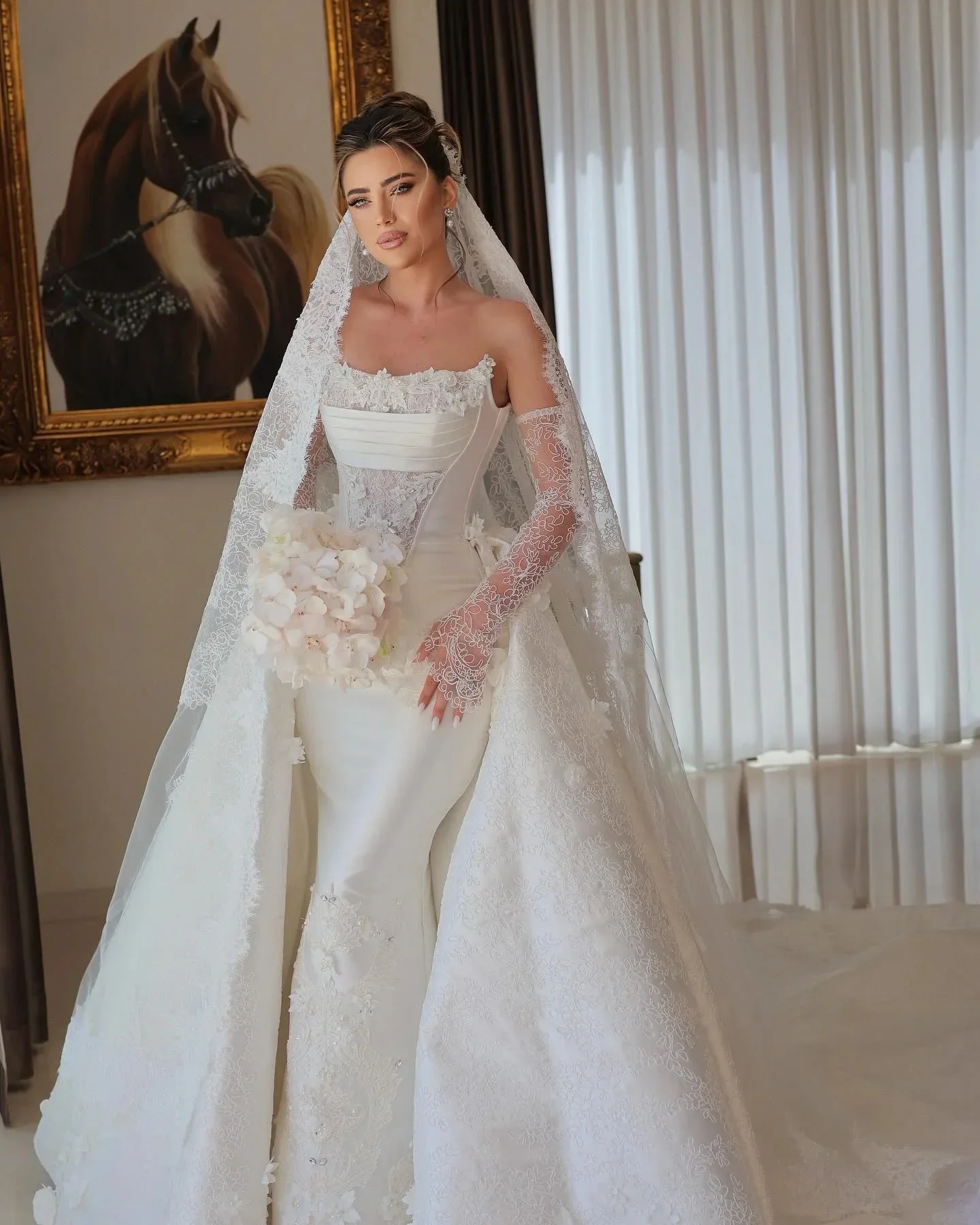 Customized 2026 Elegant White Mermaid 3D Decal Bead Women's Wedding Dress Sexy Exposed Suspender Detachable Skirt Bridal Gown