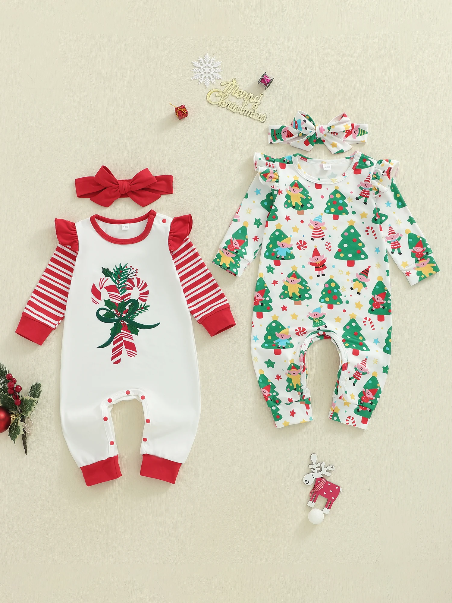 

Adorable Newborn Christmas 2 Piece Set with Reindeer Print Long Sleeve Romper and Matching Headband for Baby Girls