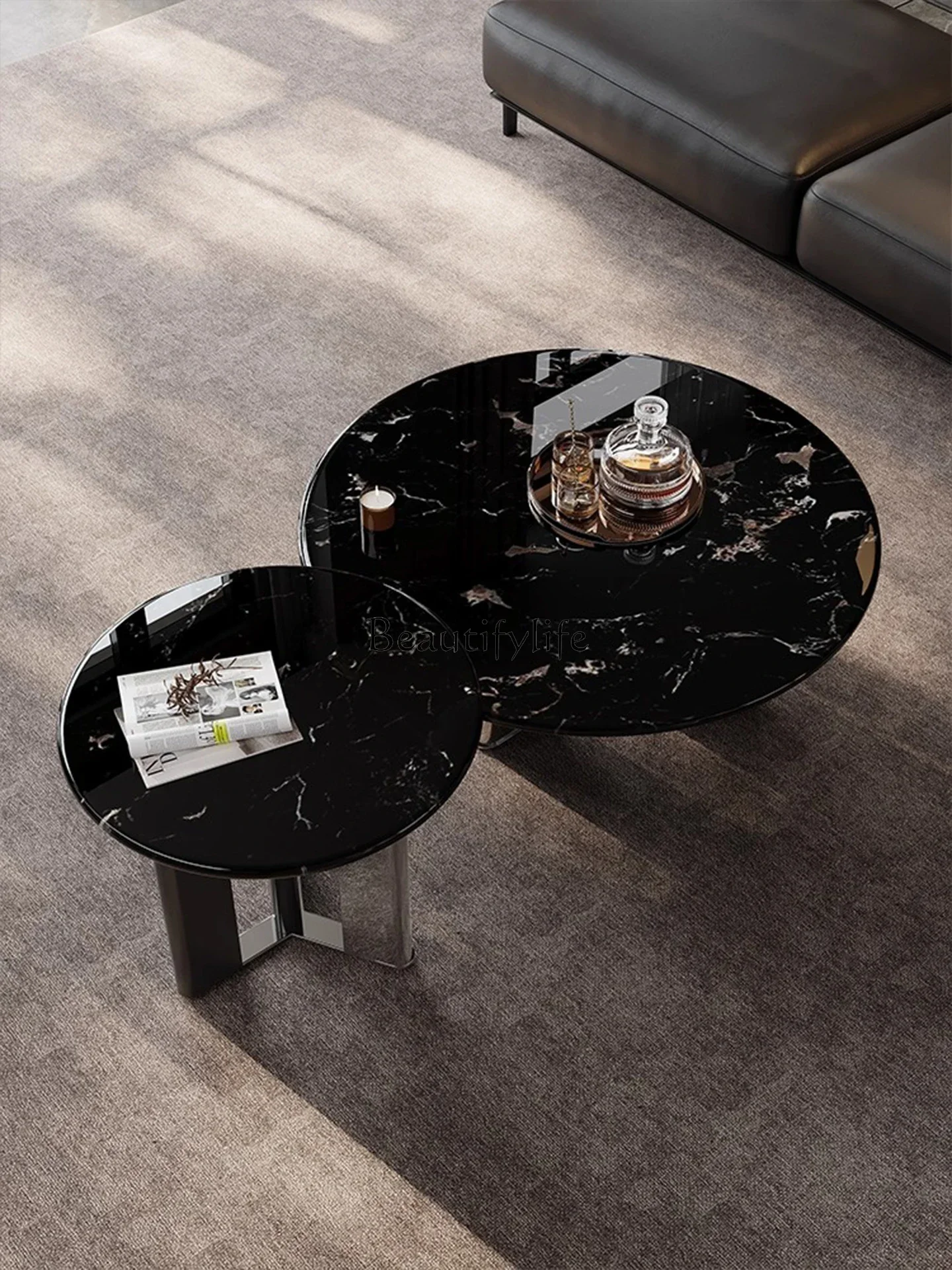 

01Natural marble Italian light luxury round coffee table combination