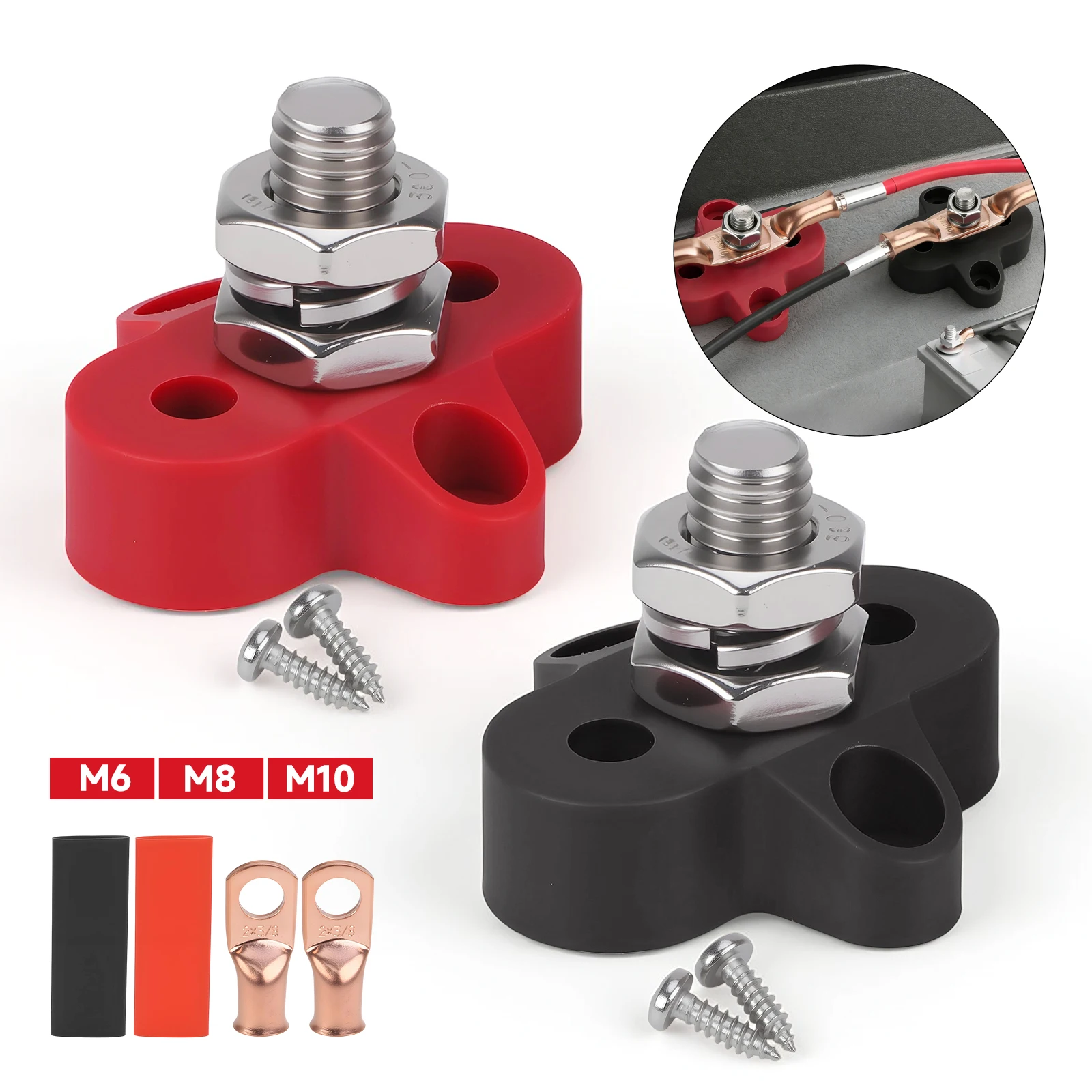 

12V 150A Battery Junction Post Single Stud Terminal M6 M8 M10 Red Black Screws x2 Bus Bar For Auto Boat Marine Solar System DC