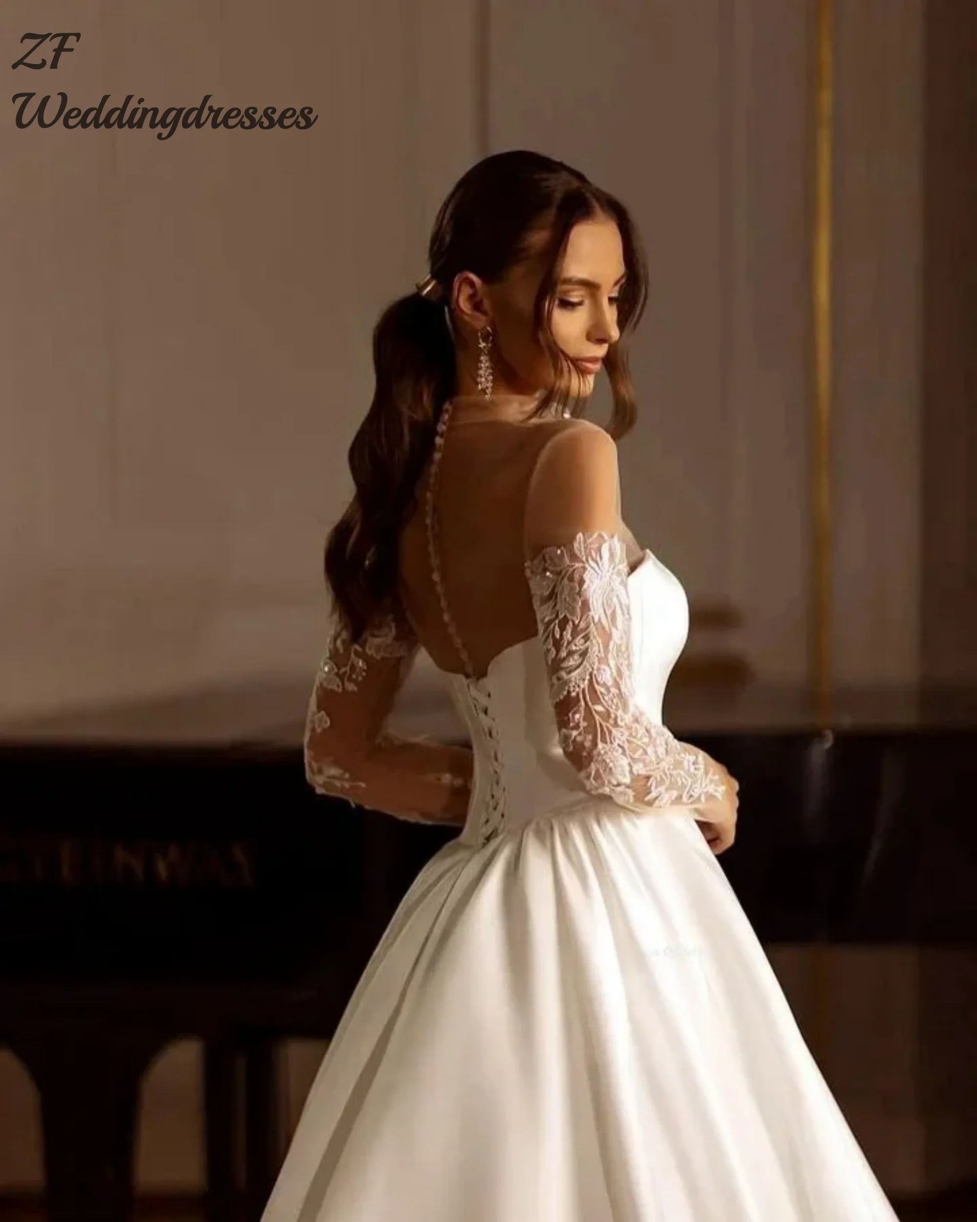 맞춤 제작 웨딩드레스 긴 소매 하이넥 신부 드레스 긴 웨딩드레스 여성용