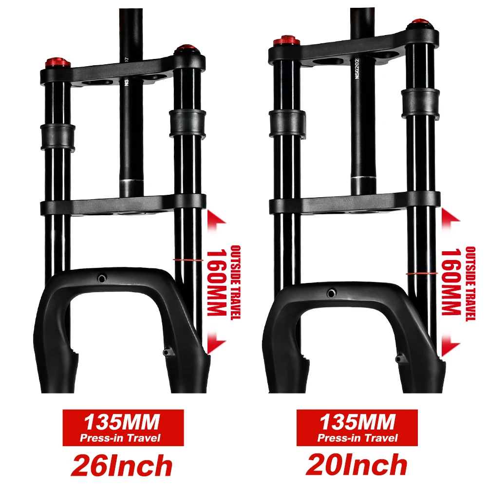 Nanlio E-bike Bike Air Supension Fork Double Shoulder Snow Front Fork 20*4.0inch / 26*4.0 inch MTB Fork 135x9mm Travel Air Fork