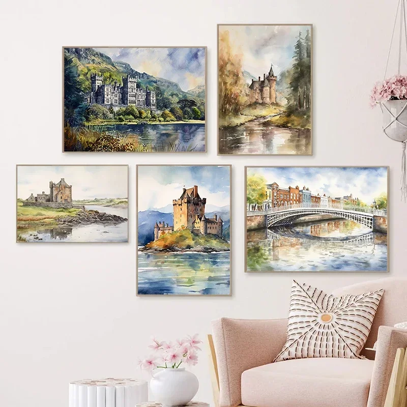 Christmas Cottage Kylemore Abbey Ireland Scotland Poster Watercolor Canvas Painting Landscape Wall Art Picture Office Home Decor