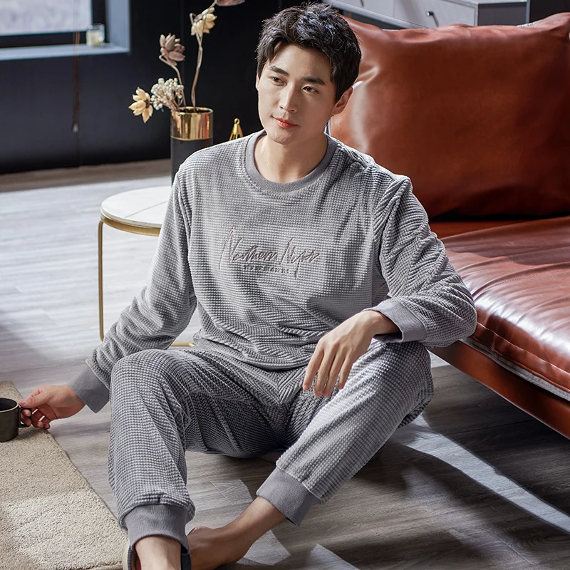 

Men's Winter Island Velvet Pajamas Set Letter Sleepwear Coral Fleece Homewear Thick Keep Warm Velvet Male Suit Fall Sweatshirt