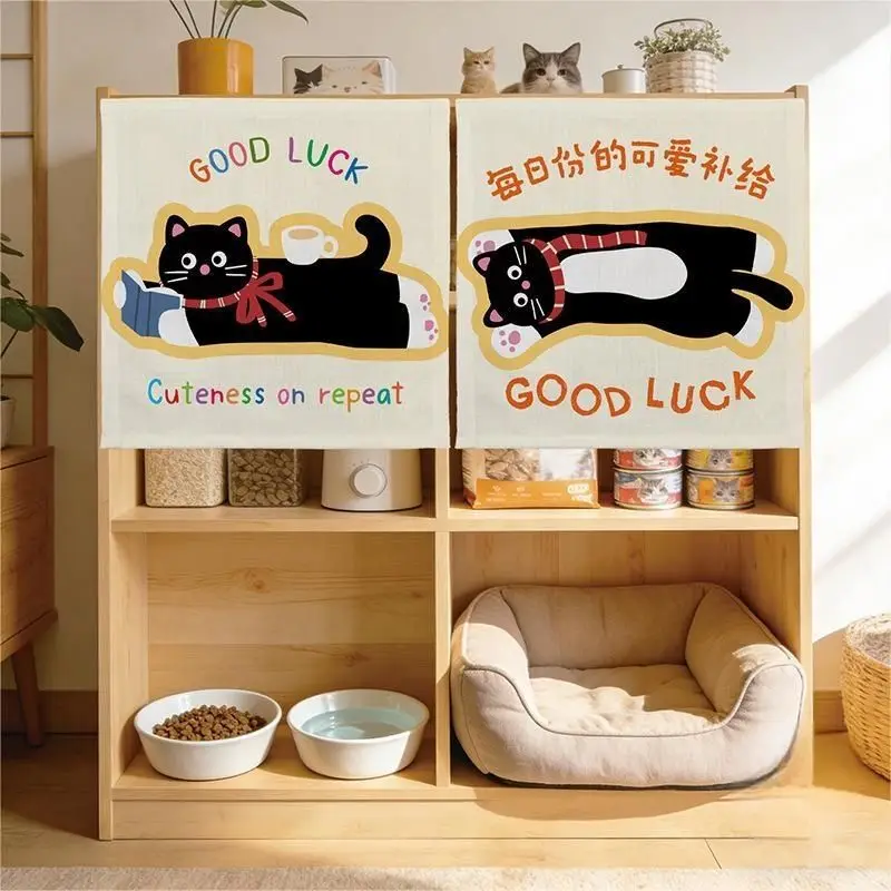 VIKAMA Cartoon Cat Curtain for Cat Bed - Durable Linen Cat Den Cover, Dust-Proof Half Curtain, Storage Shelf for Home Decoration