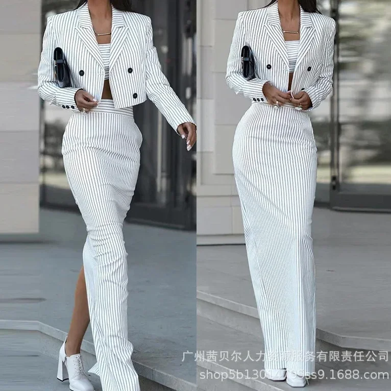 Striped Blazer Coat & Slit Skirt Set Women Skirt Sets Two Piece Set Turn Down Collar Coats Midi Waist Straight Long Skirts Split