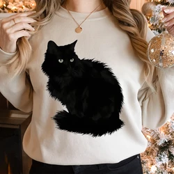 Cute Cat Lover Gift for Women Autumn Sweatshirts Fluffy Black Kitten Print Trending Sweatshirt Cat Mom Harajuku Fashion Hoodies