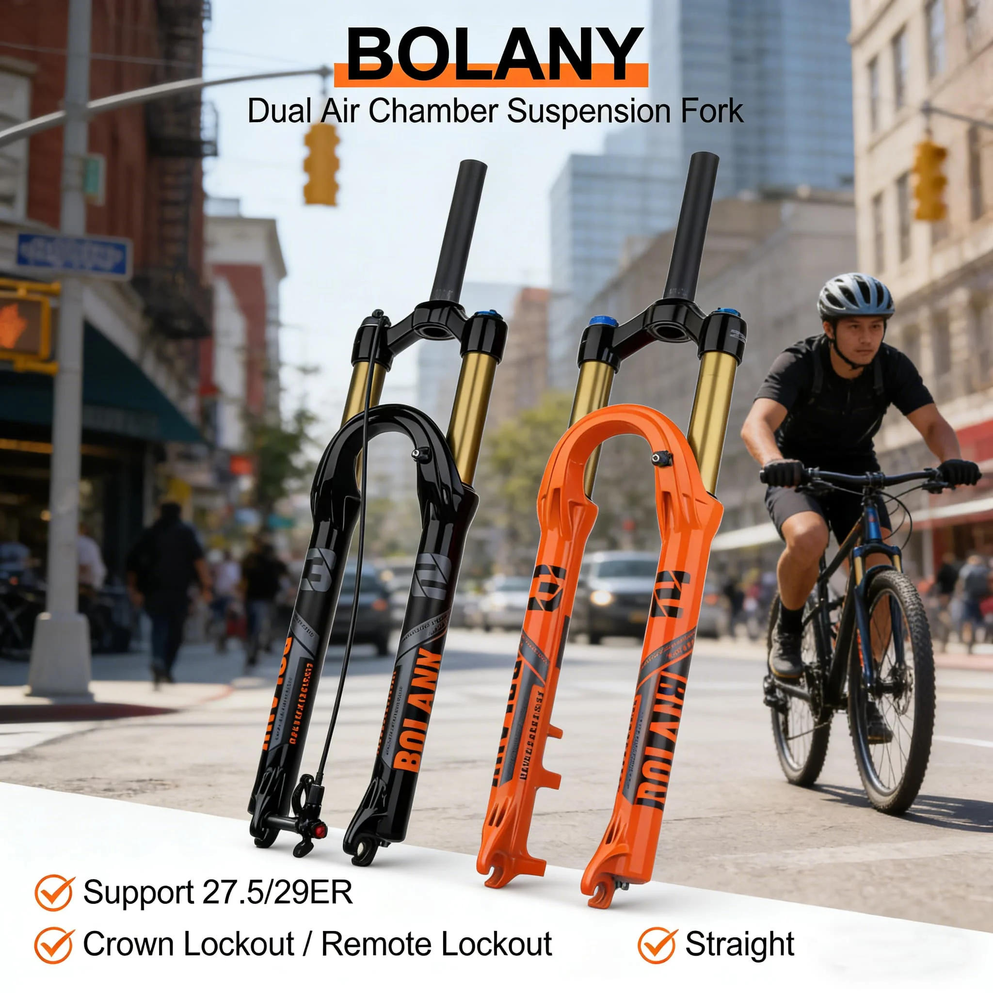 

BOLANY Mountain Bicycle Air Pressure Suspension Front Fork Shoulder Control/wire Control Straight Tube 120 Stroke 27.5/29 ER