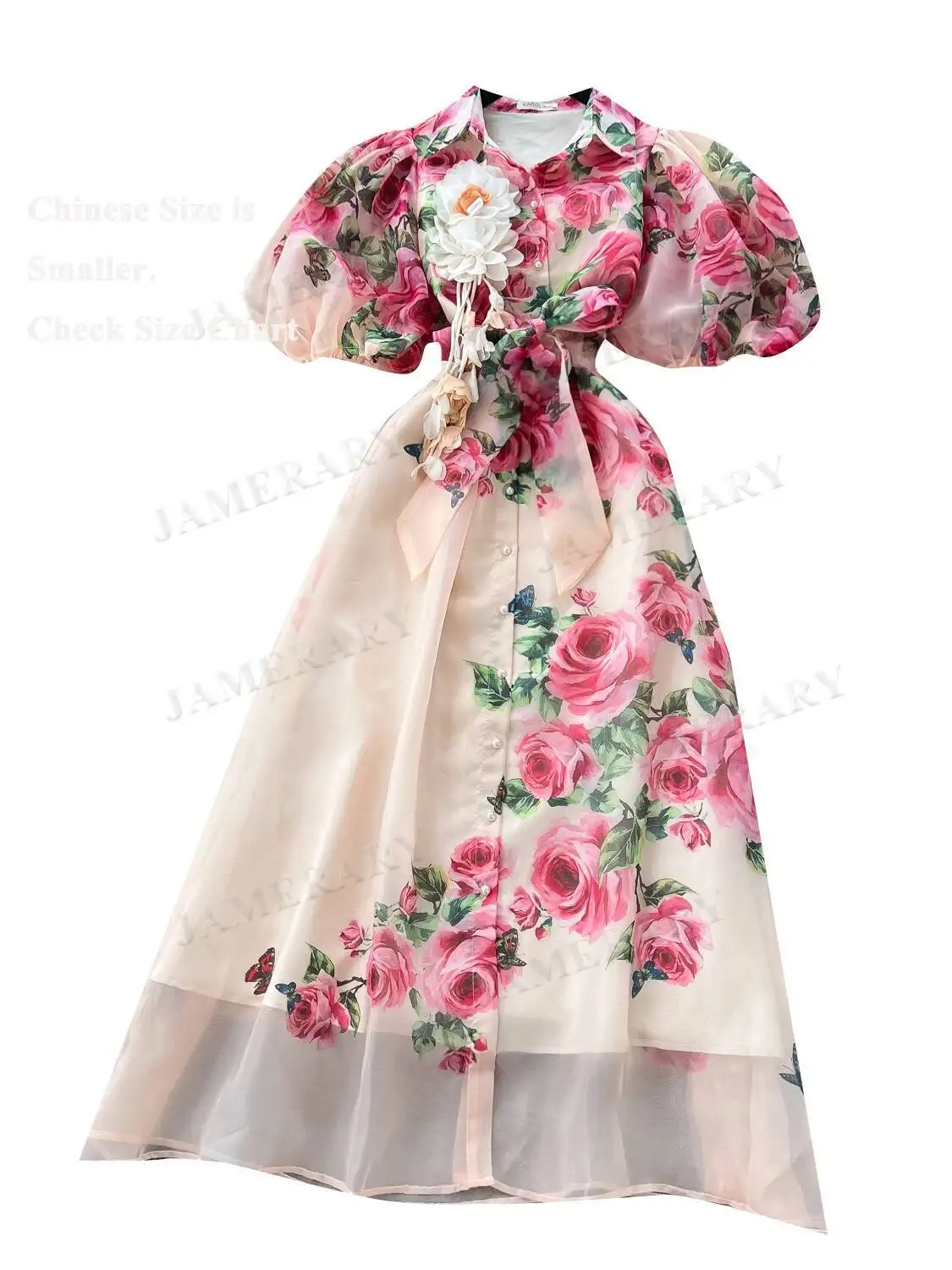 Abito lungo floreale in tulle di organza estivo da donna manica corta rosa fiore 3D monopetto ampio taglia grande una linea maxi abiti camicia