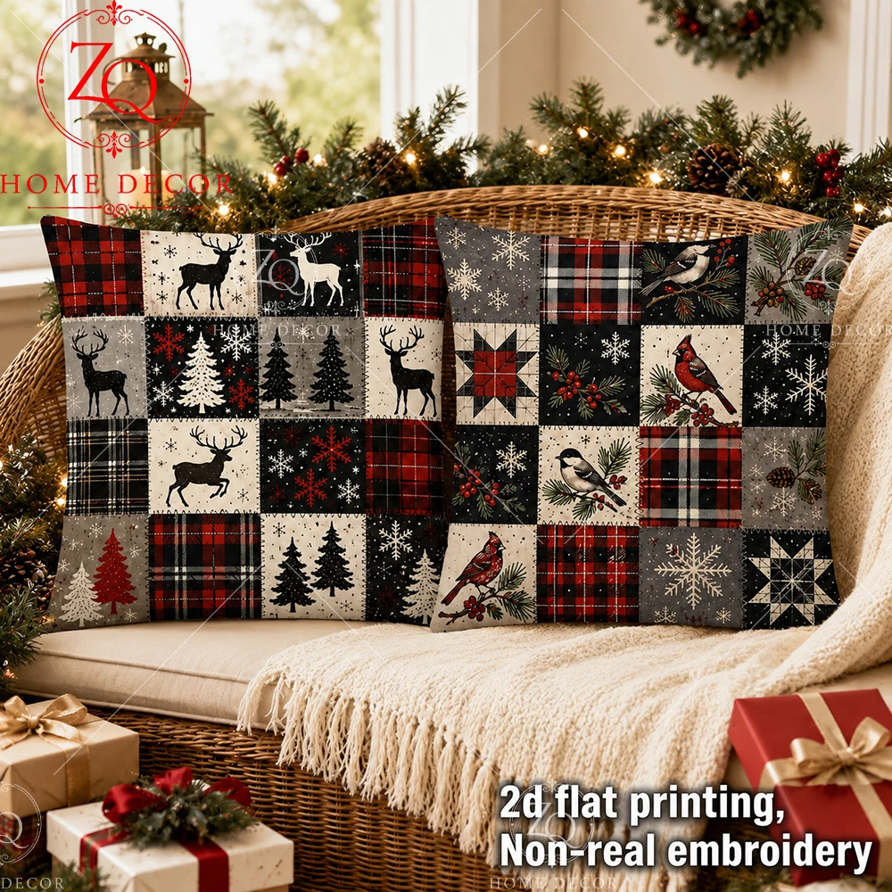 Christmas Pillow Cover 2D Flat Printed Peach Skin Plaid Patchwork Cushion Case Deer Bird Winter Decor For Couch Living Room Sofa