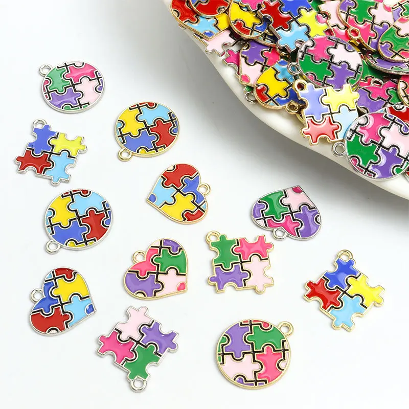 100pcs Autism Theme Enamel Charms Heart Shaped Round Irregular Colorful Puzzle Alloy Pendants For DIY Necklace Bracelet Earrings