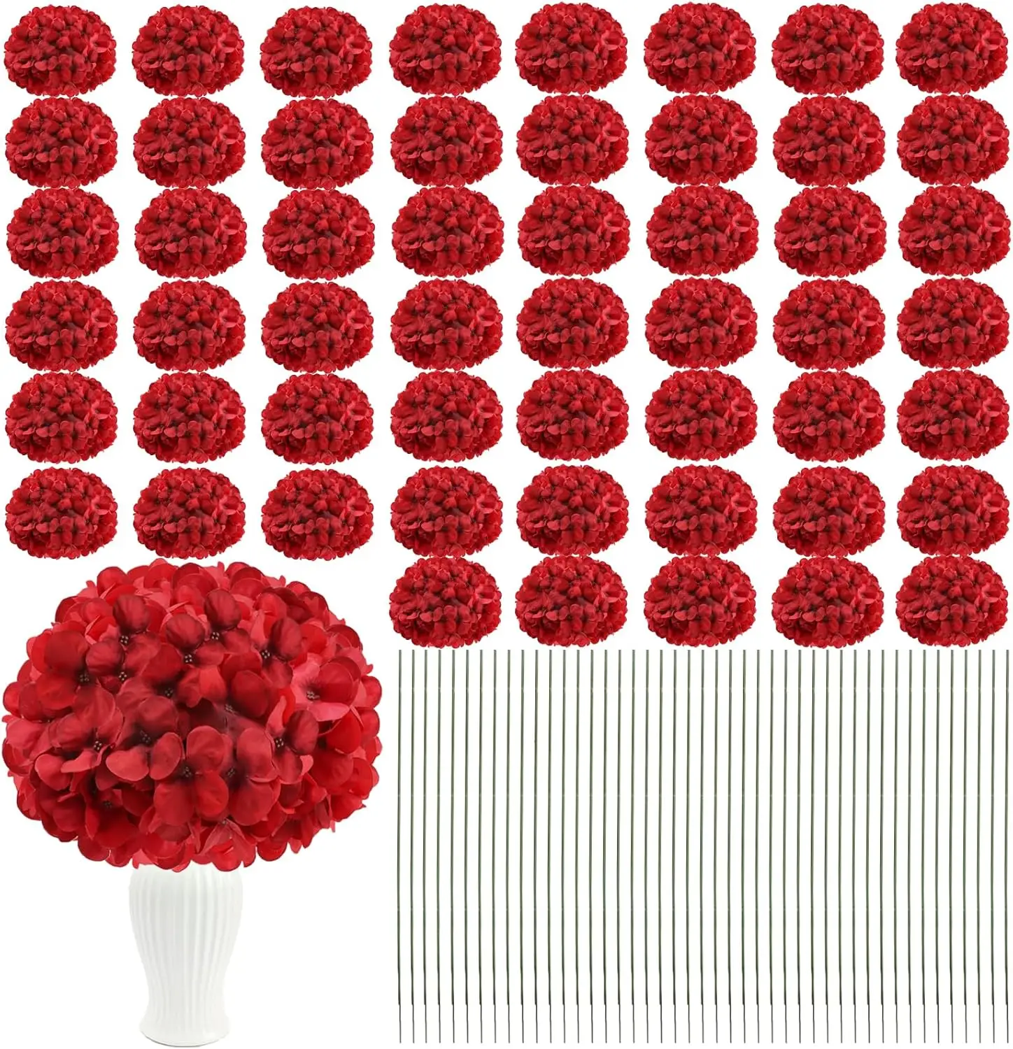 

Red Silk Hydrangea Flowers 104pcs with Stems for Wedding Home Party Decor