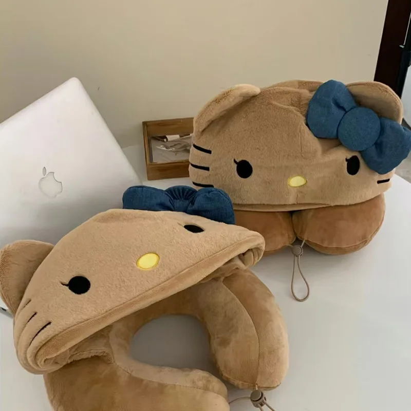 Hello Kitty Hooded Neck Pillow Cartoon U-Shaped Pillow Portable Plush Support Winter Travel  Cute Comfort Girl Gift