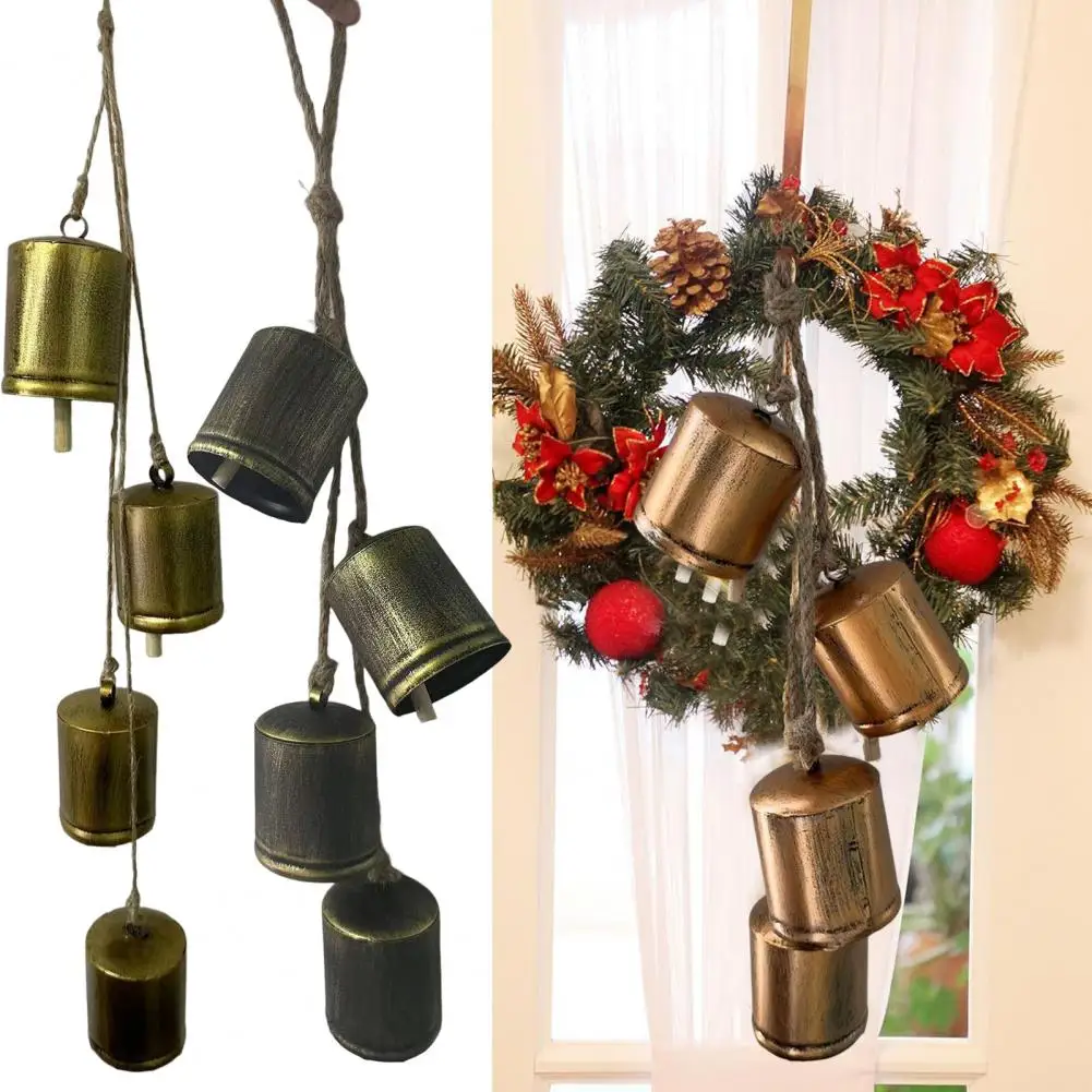 Bell Wind Chimes Vintage Handmade Christmas Bell Pendant with 4 Harmonious Bells on Hemp Rope Rustic Decorative Bells for Cow