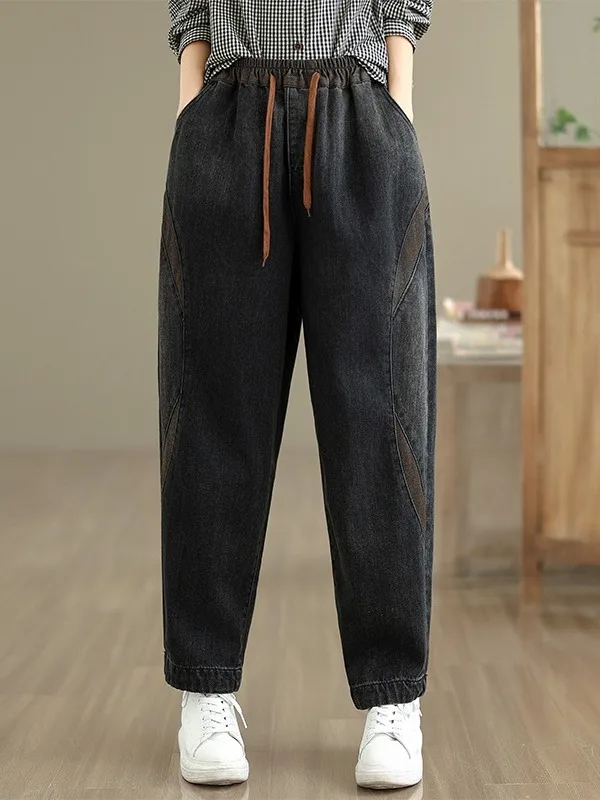 

Ретро-джинсы свободного кроя с высокой талией, хлопковые брюки для женщин больших размеров, осенние длинные брюки с поясом