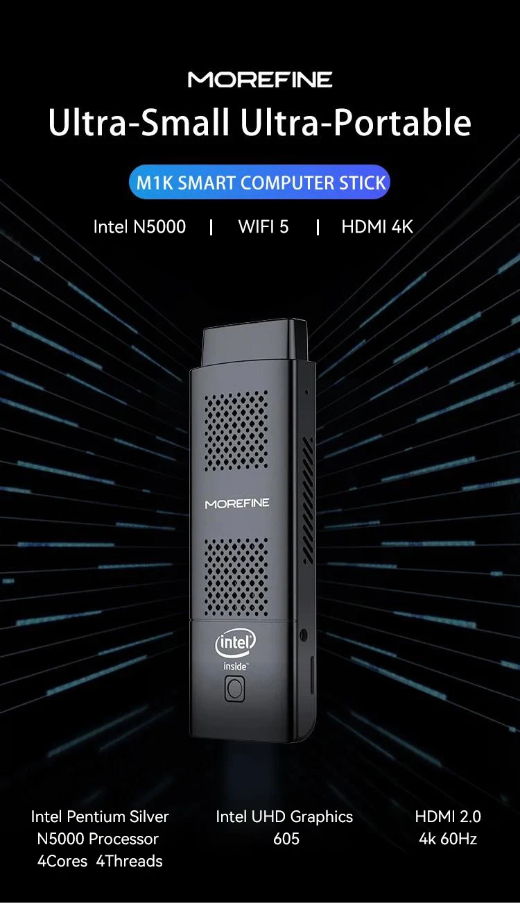 Morefine M1K Mini PC Stick Intel Celeron J5005/N5000 LPDDR4 8GB 128GB HDMI 2.0 4K 60Hz WIFI5 BT5.1 Pocket PC