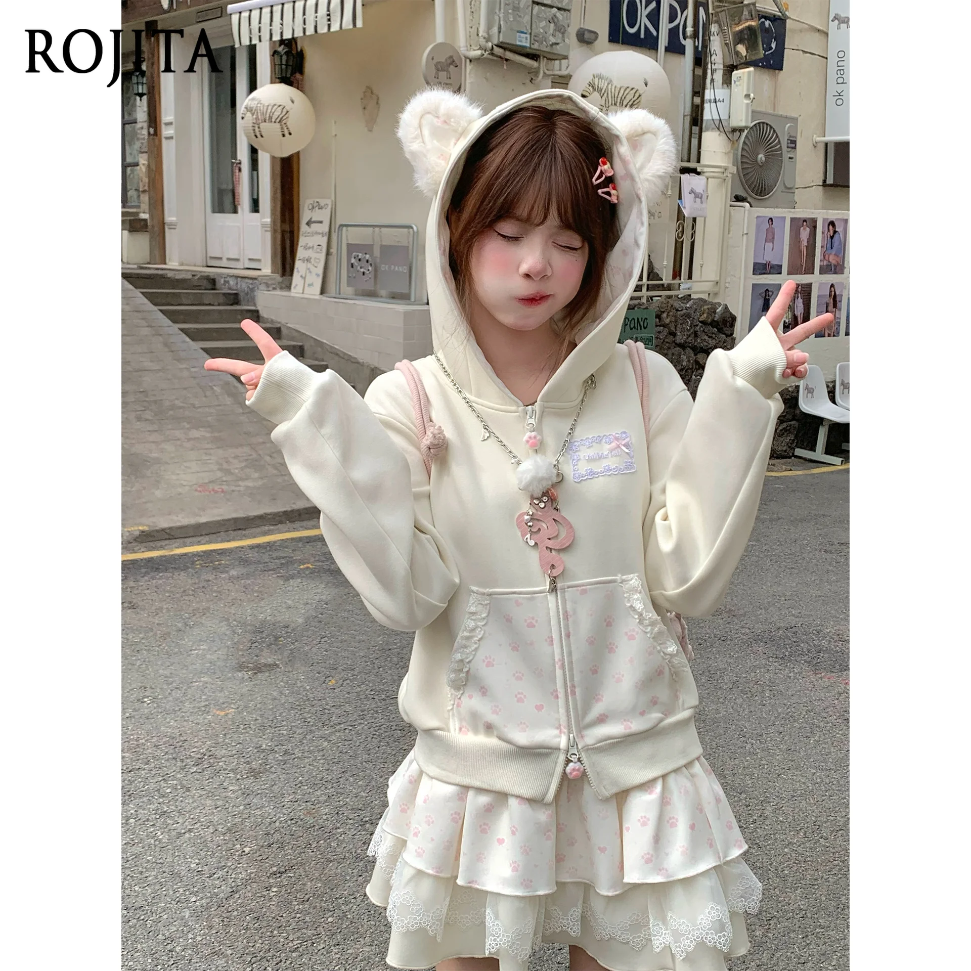 

Sweet White Pink Cat Paw Print Hoodie Spring Cute Ears Hooded Cardigan Sweatshirt Jacket Korean Ruffle Skirt Cake Short Skirt