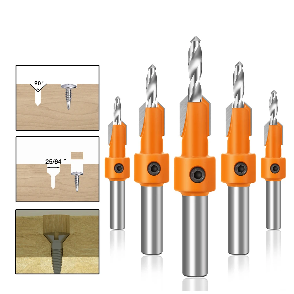 Countersink Router Bit Set para Carpintaria, Extrator de Parafuso, Furadeira, Metal Taper Hole, 10mm, 5Pcs