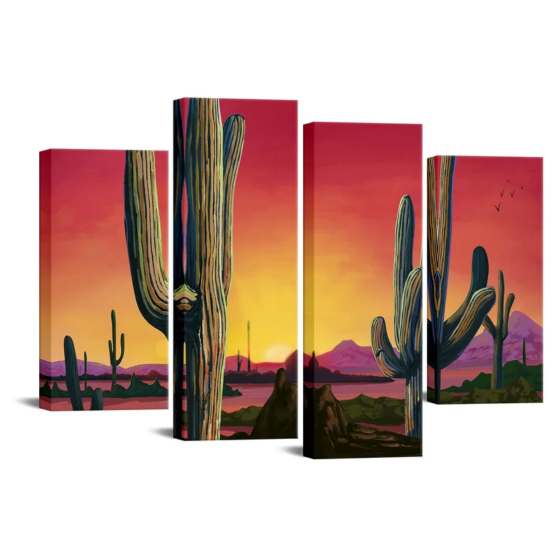 

4 Pieces Cactus In Desert Wall Art Poster Abstract Sunaet Scenery Print Canvas Art Modern Style Picture Living Room Home Decor