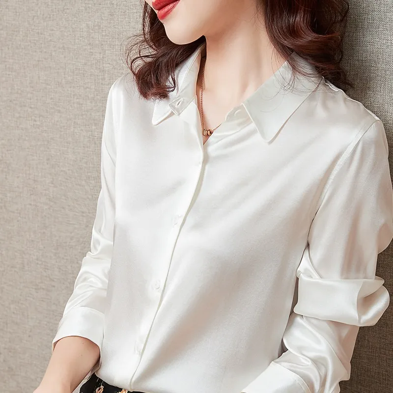 

Ele White Silk Acetate Satin Women's irt Long Sve Drapey Top Anti-Wrinkle Spring Commute Sle Straight Cut
