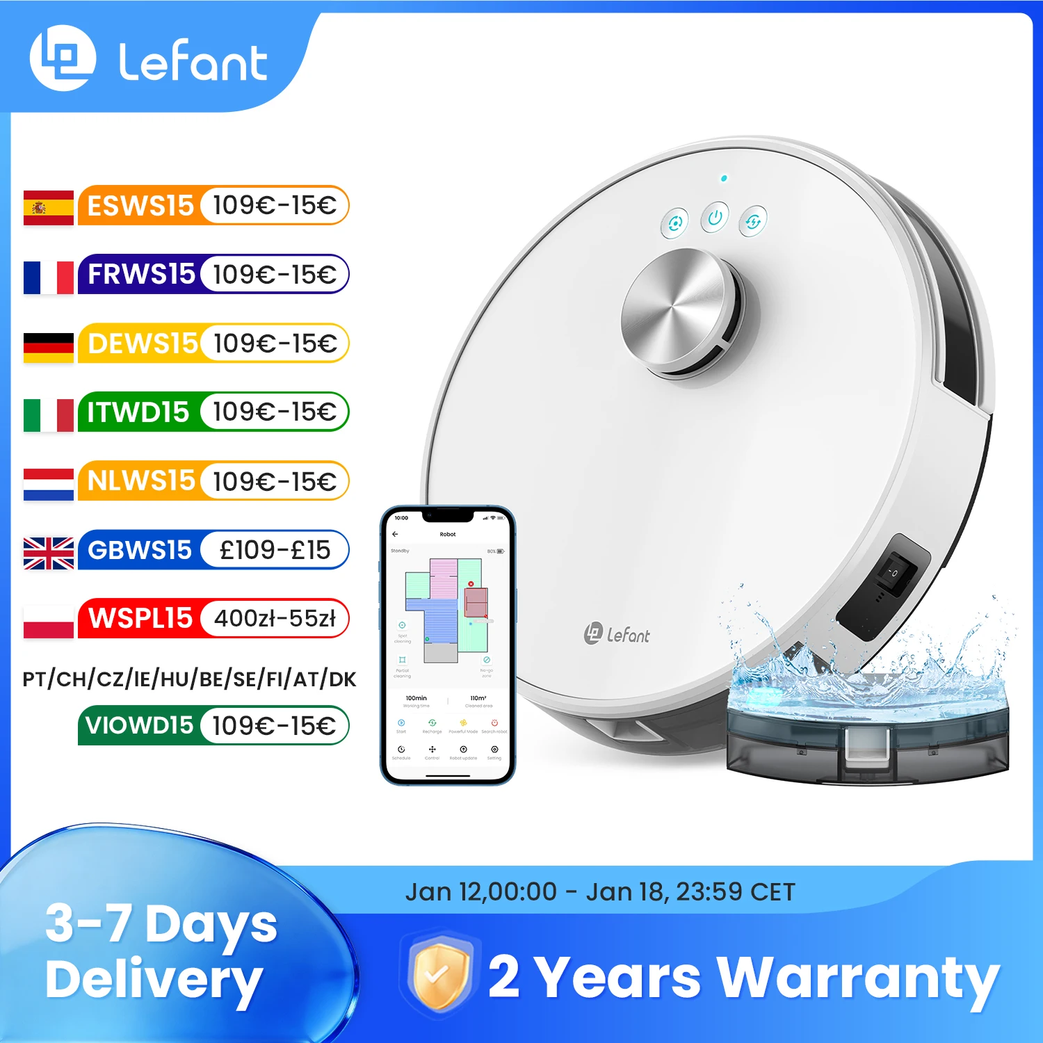 Robot aspirador LEFANT M1 con fregona, navegación lidar (LDS), 4000Pa, batería de 4000 mAh, control por aplicación/Alexa, ideal para suelos duros