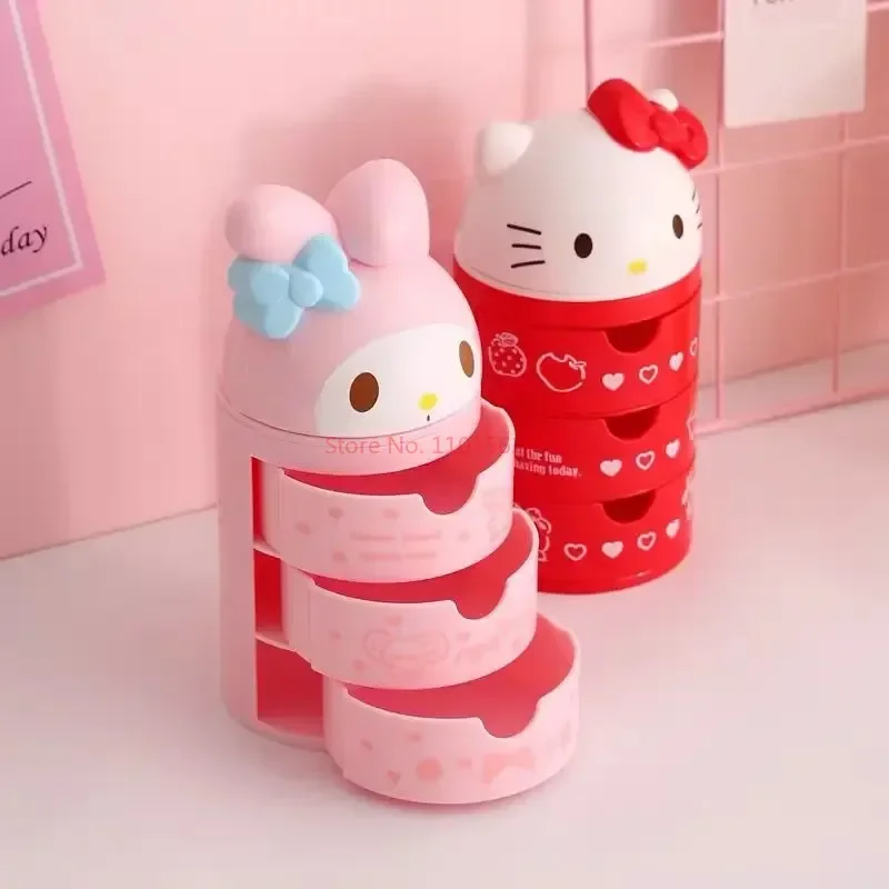 Sanrio Kawaii Cartoon Hello Kitty Anime My Melody Doll Creative 3 Tier Jewelry Box Hairpin cassetto Storage Box Toys Dressing Case