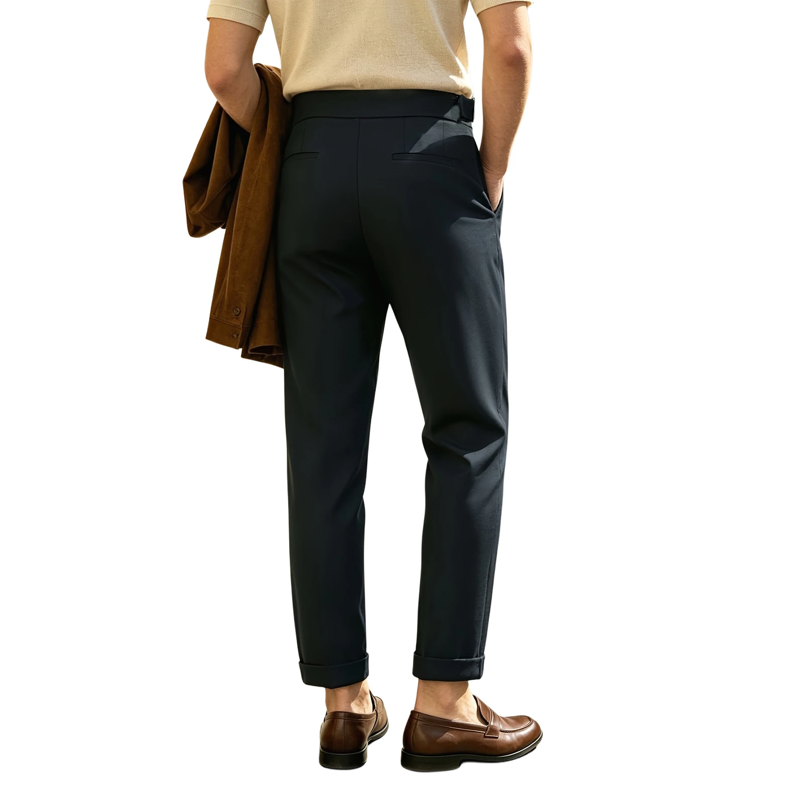 Men Gurkha Waist Pleated Suit Trousers Adjustable Side Buckle Cuffed Ankle Business Casual Straight Cropped Dress Pants