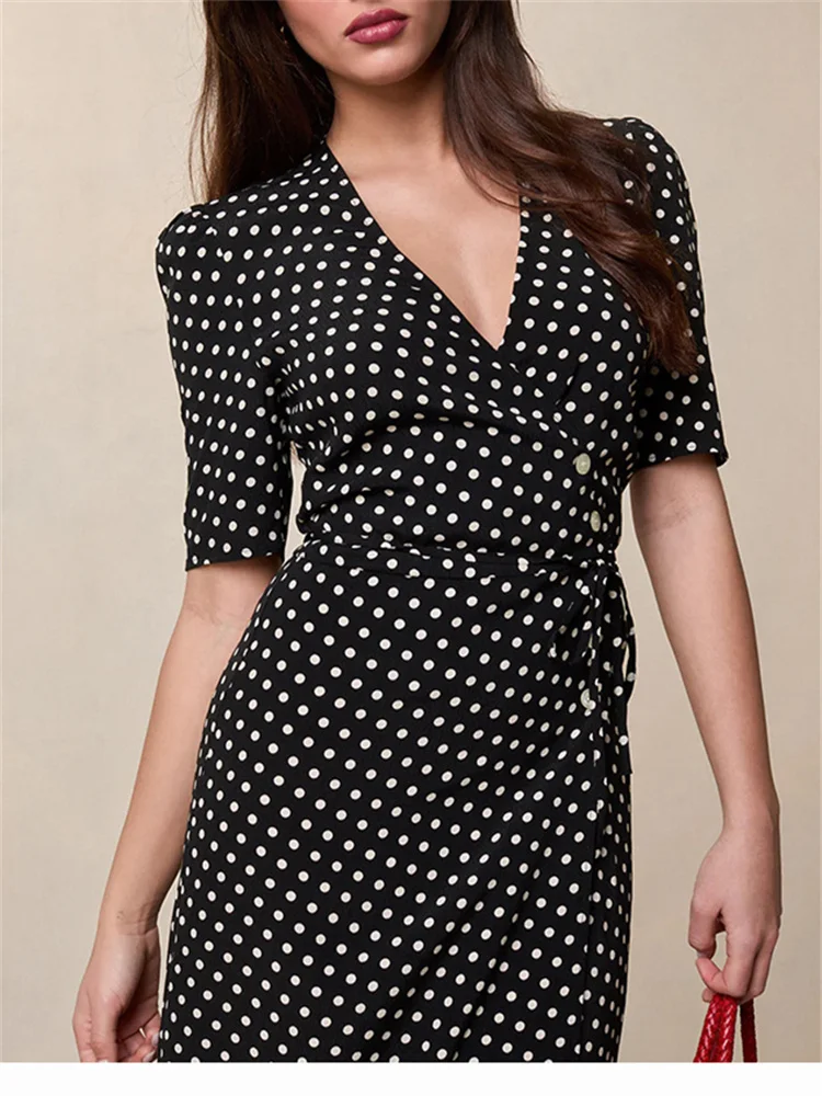 

Polka Dot Print Women Retro Wrap Midi Dress Waist Lace-Up Short Sleeve Side Buttons Ladies Long Robe 2024 Summer