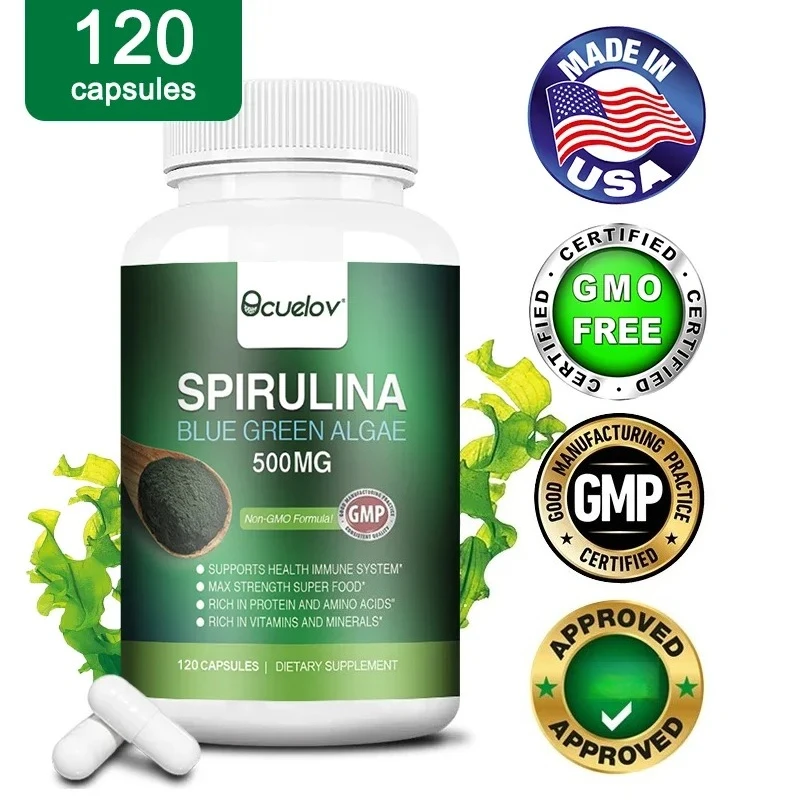 

Spirulina Blue Green Algae 120 Capsules | Natural Immune Boost Support Overall Health Antioxidant Dietary Supplement