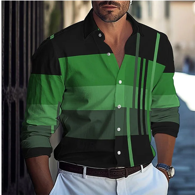 Striped men's business casual 3D printed shirt street daily spring and summer lapel long-sleeved black 6XL stretch fabric shirt