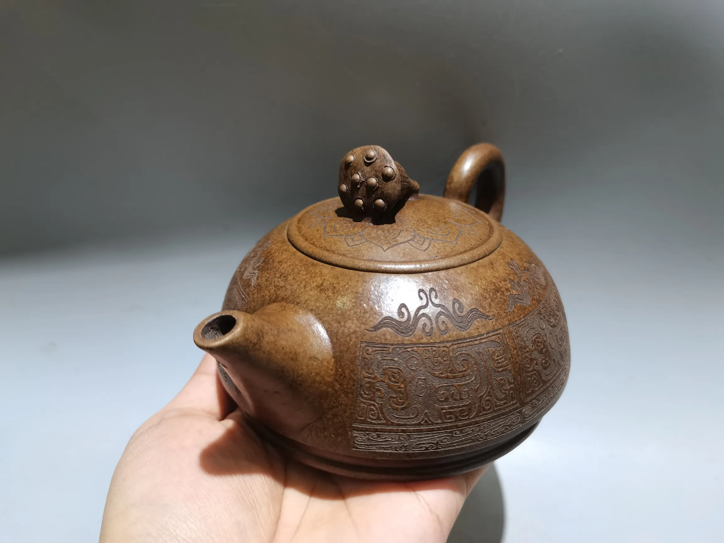 

7"Chinese Yixing Purple Clay Pot Lotus root cover Beast texture Kettle Teapot Pot Tea Amass wealth Ornaments