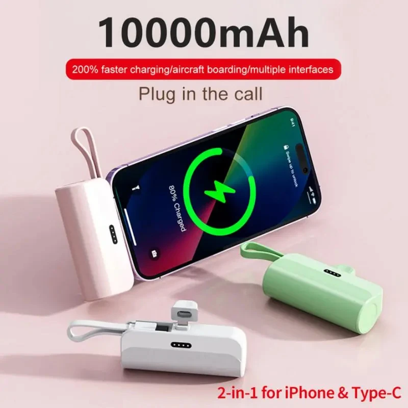 Mini Power Bank avec câble intégré, batterie externe portable, alimentation mobile, chargeur pour iPhone, Samsung, Xiaomi, Huawei, 10000mAh