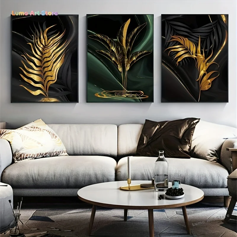 2D Flat, 3pcs Modern Abstract Golden Leaf Botanical Wall Art Posters - Luxury Green Golden Flower Canvas Prints Suitable for