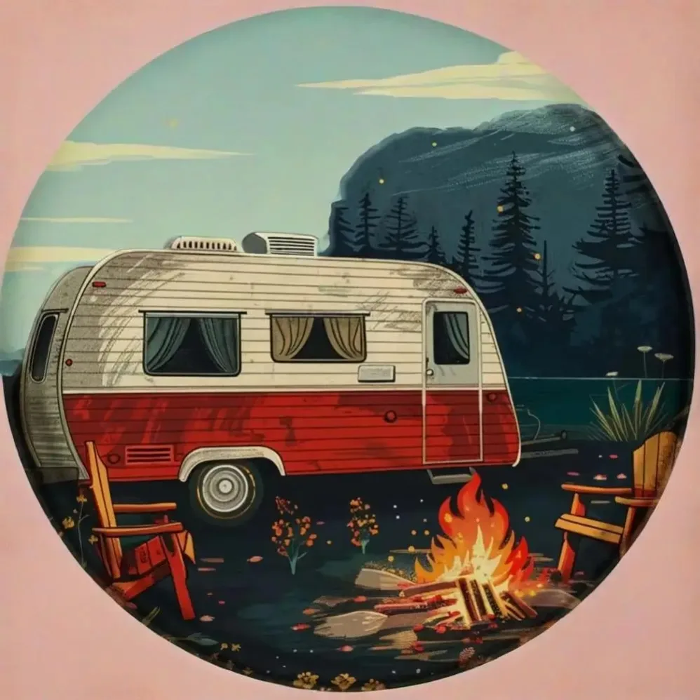 Nostalgisches Wohnmobil-Abenteuer: Vintage-Wohnmobil mit Lagerfeuer-Glühen, Distressed-Blechkunst – rustikale Wanddekoration für den Hinterhof aus Metall