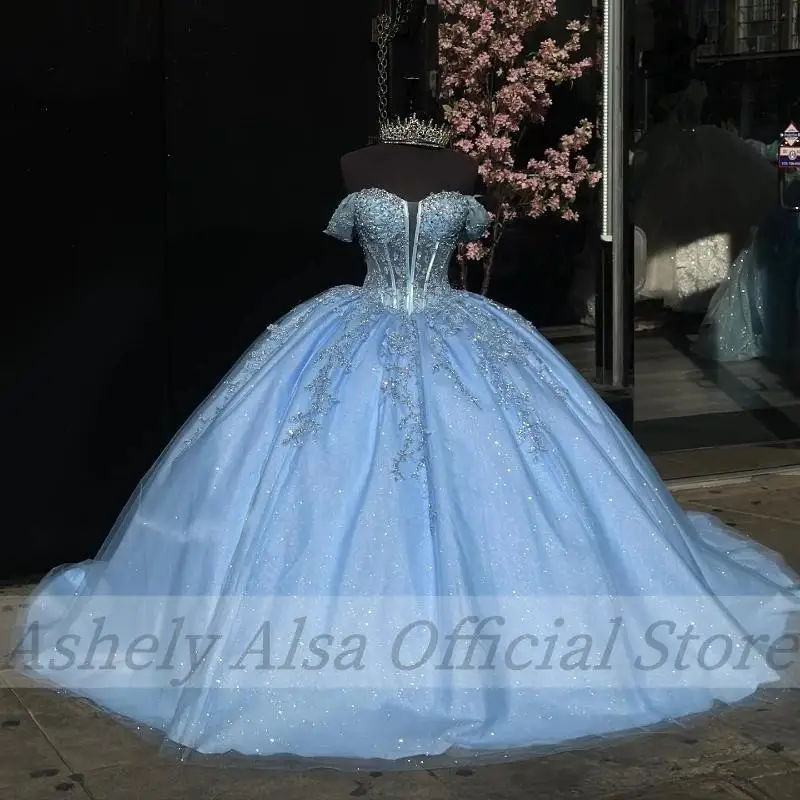 AA155 Customized Ice Blue Sweet 16 Year Girl Birthday Party Dresses Applique Puffy Prom Gown vestidos de 15 quinceañera 2024