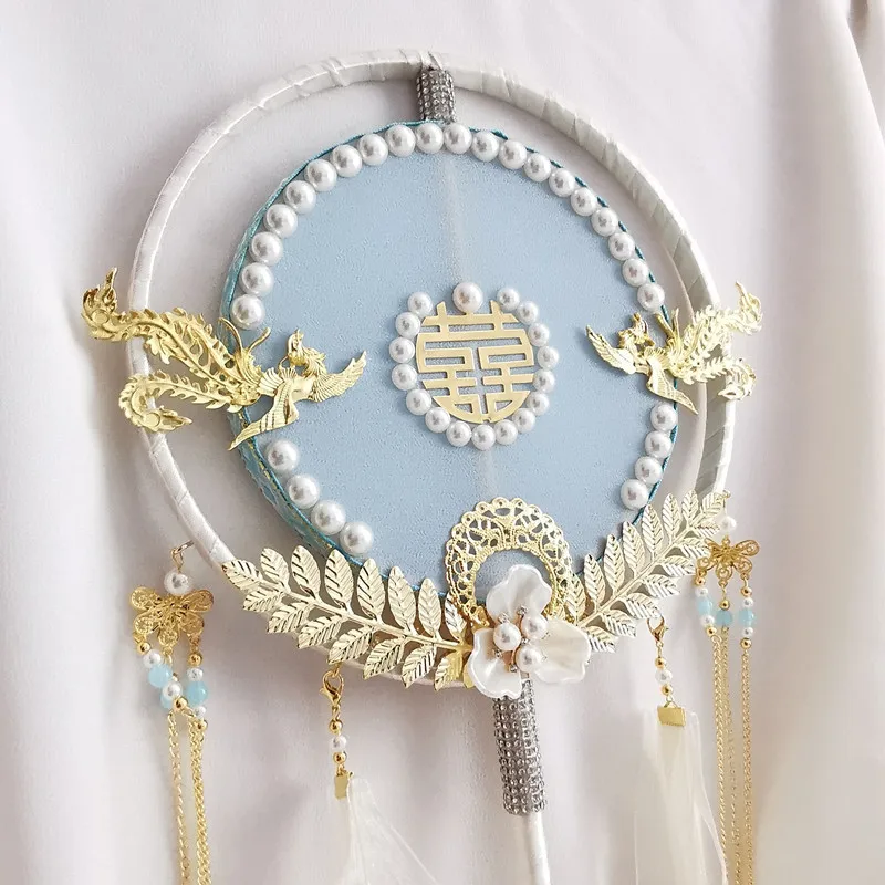 Ice-blue Bride Xiuhe Dress Hand-held  Group Fan Wedding Bouquet Tang Suit Hanfu Photo Fan Performance Dance Party Decoration