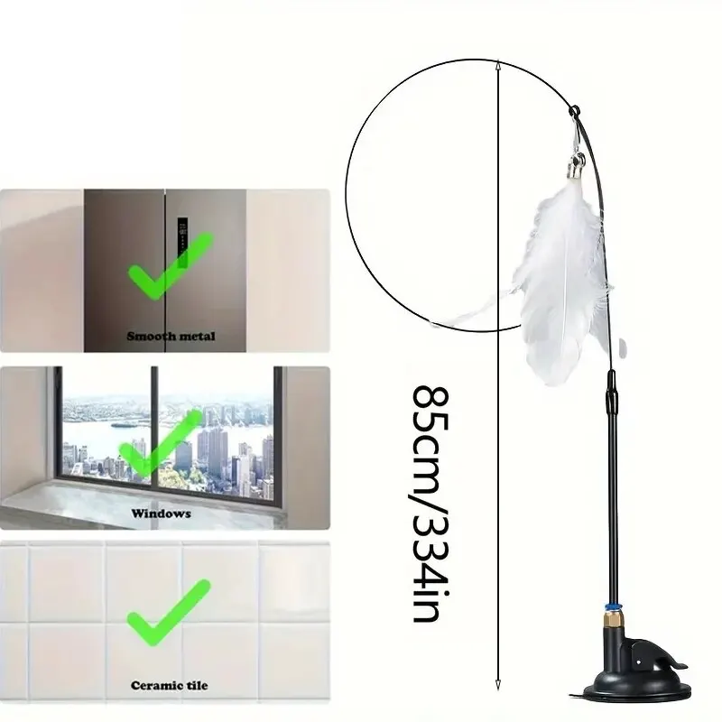 고양이 티저 장난감-인터랙티브 벨 및 깃털 지팡이-긴 흡입 컵 막대, 신나는 놀이 시간 모험용-궁극의 고양이 장난감