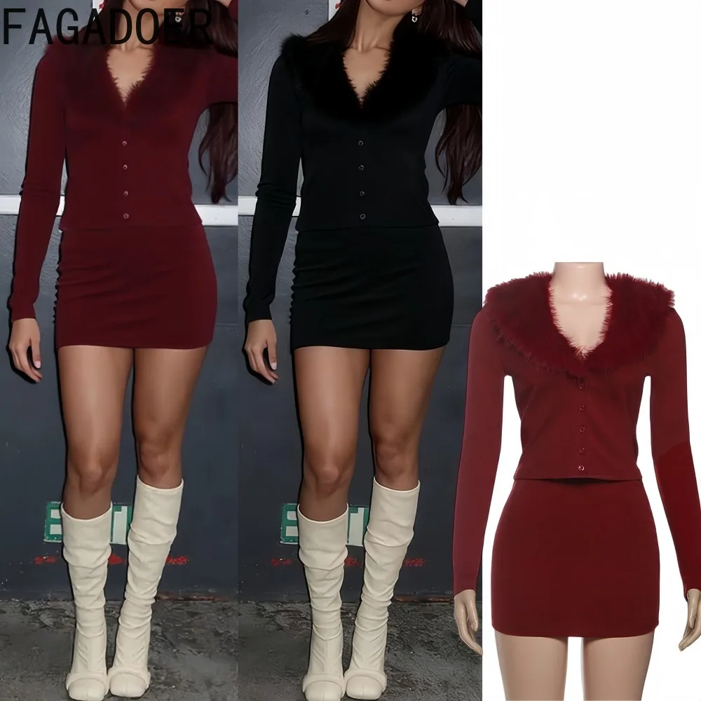 

FAGADOER Sexy Fur Patchwork 2 Pieces Set for Woman Outfits Deep V-neck Long Sleeves Crop Top and Skirt Suits Female Streetwear