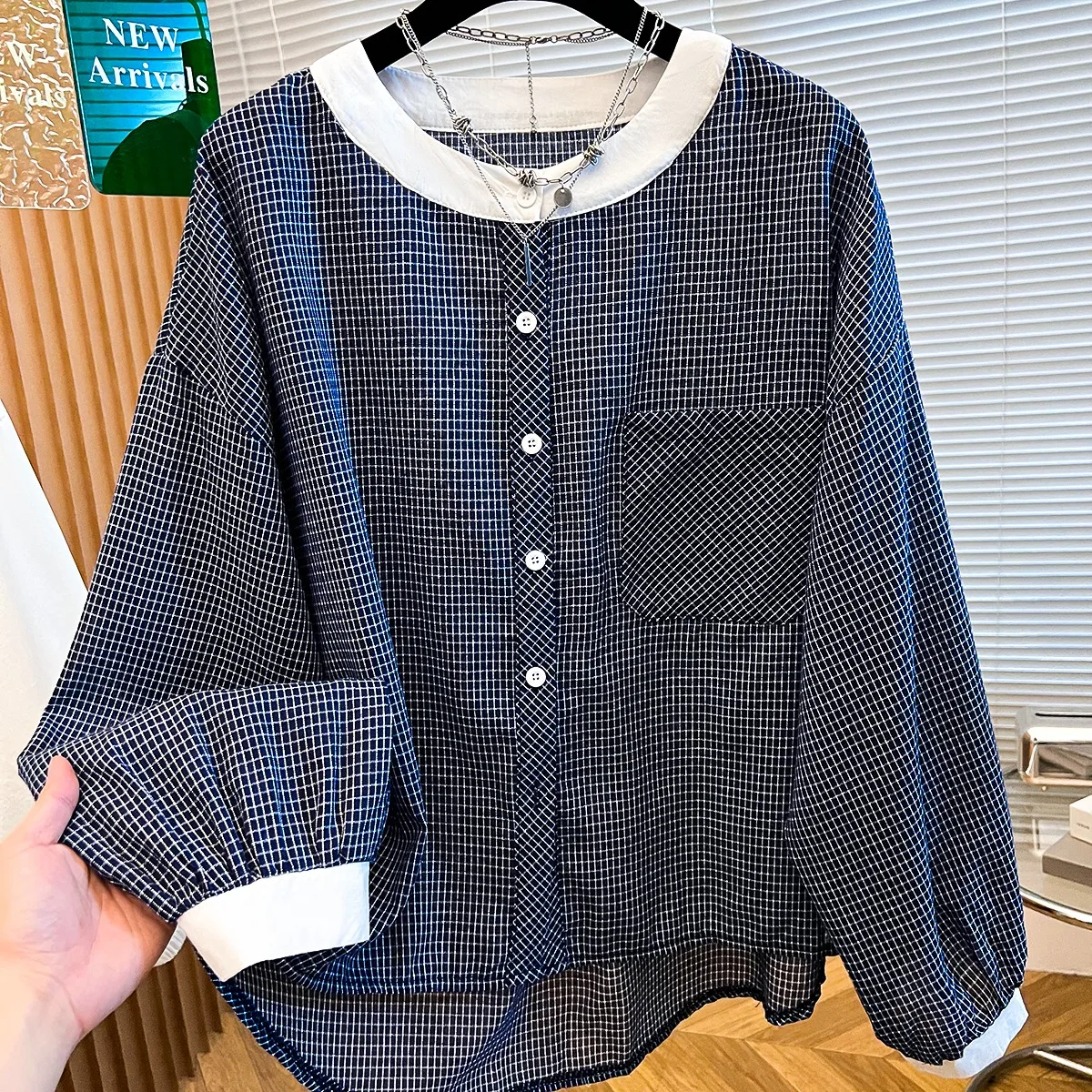 Koreaanse Sle ronde Ne Plaid irt Dames Lange Sve Losse Lantaarn Sve Top Agel Vroege Herfst Faion Casual irt