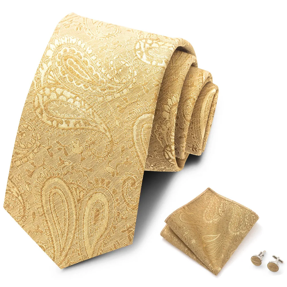 Luxusmarke, 8 cm, Krawatten-Einschubtaschentücher und Manschettenknöpfe-Set für Herren, goldenes Paisley-Muster, Geburtstagsgeschenk, Krawatten- und Anzugaccessoires, passend für Partys. – Detail 16