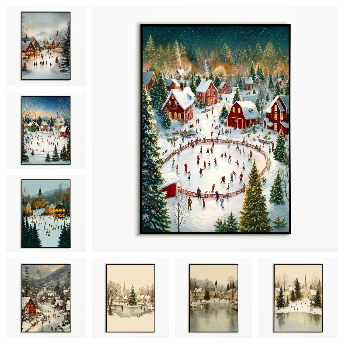 Frameless canvas paintings,1PC Winter Ice‑Skating Town Art Poster Christmas Snow‑Scene Village Wall Art  Modern Canvas Printing